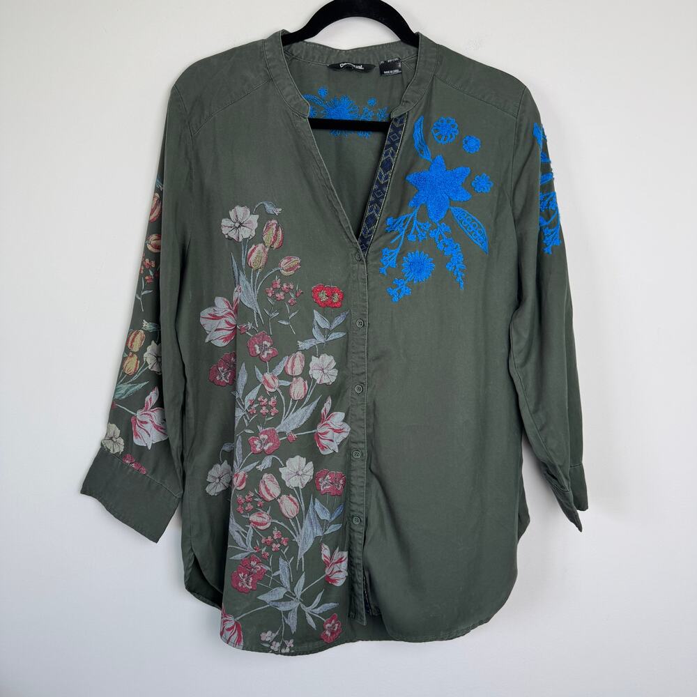 Desigual Cam Vetina Dark Green Floral Embroidered Blouse Size Large